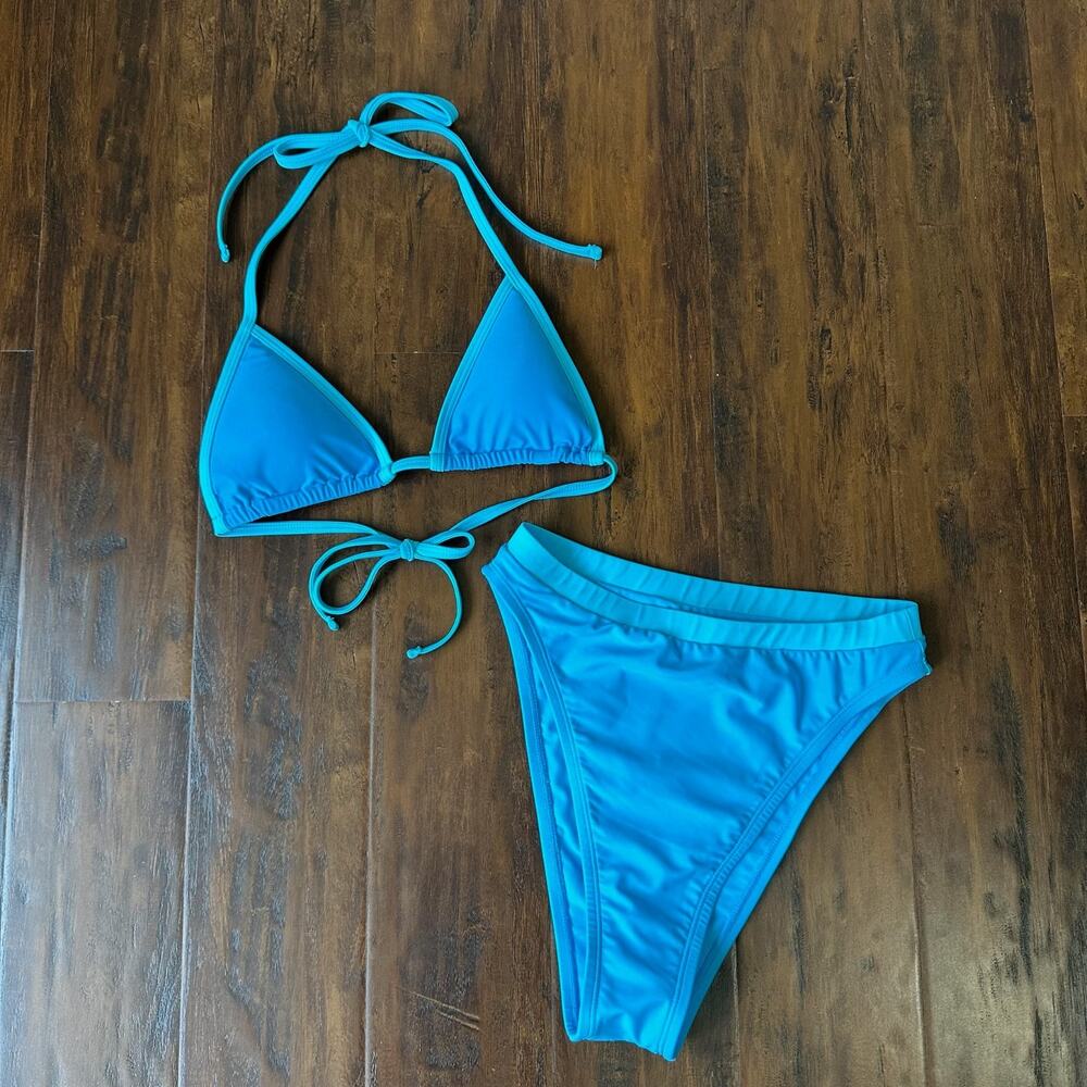 93 PLAY STREET Bikini Set Ocean Blue Triangle Top High Waist NWOT - Picture 2 of 10